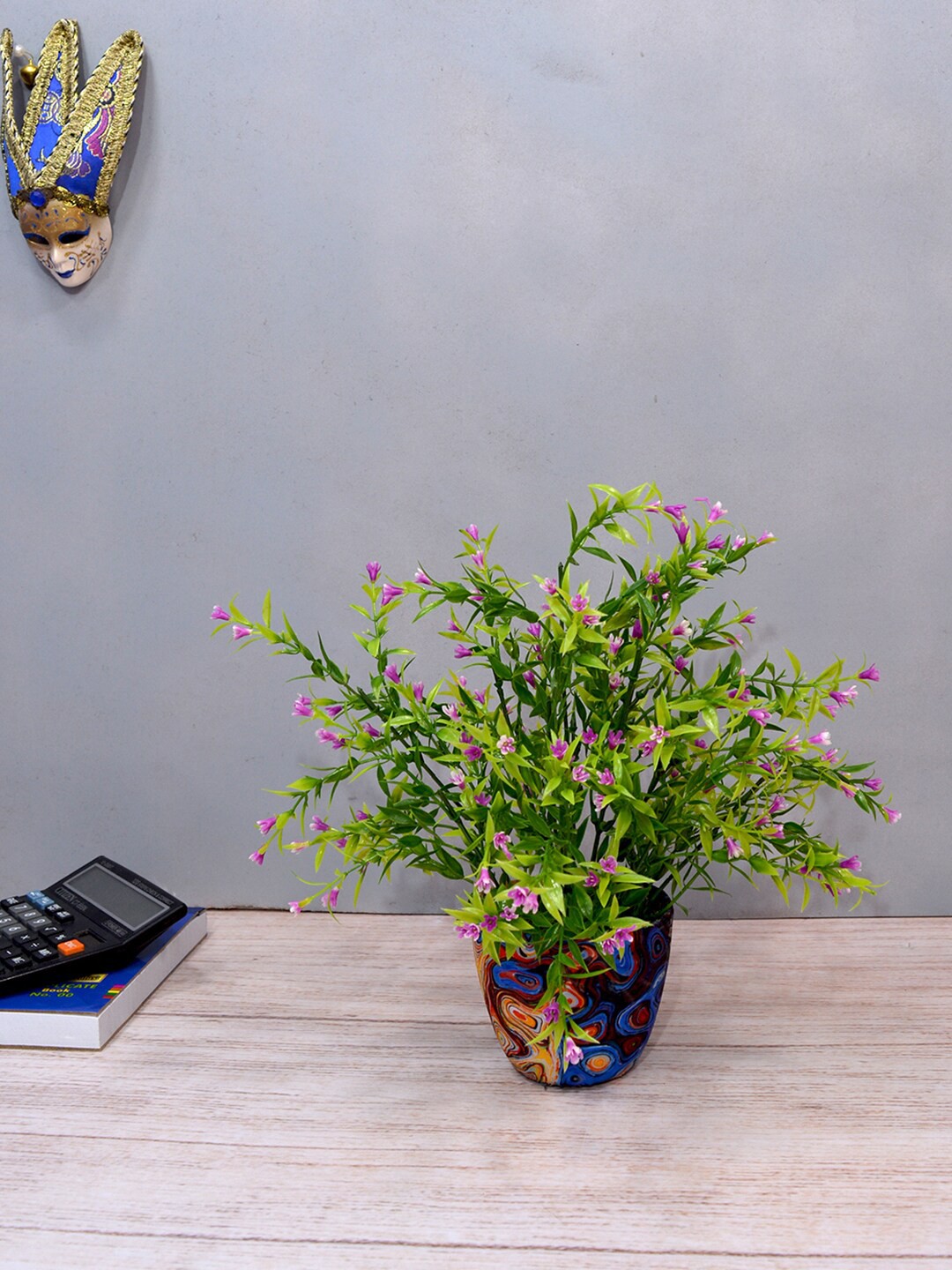 

fancy mart Violet & Green Artificial Grass Flower in Round Texture Pot