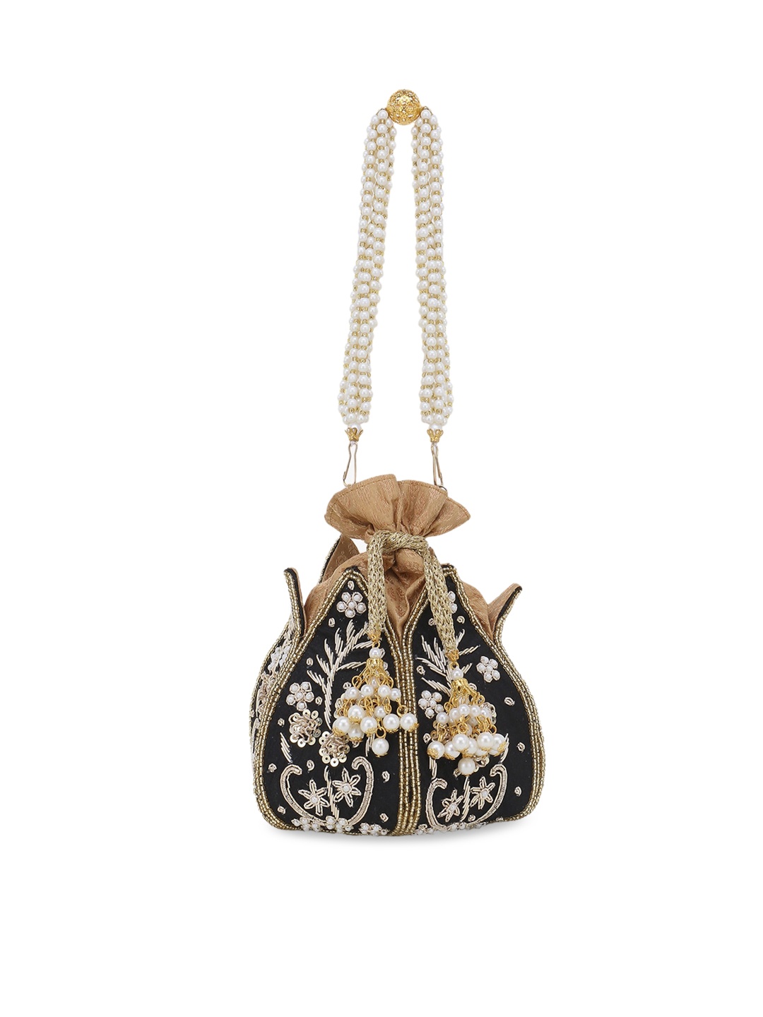 

Anekaant Women Black & Gold-Toned Embellished Embellished Clutch