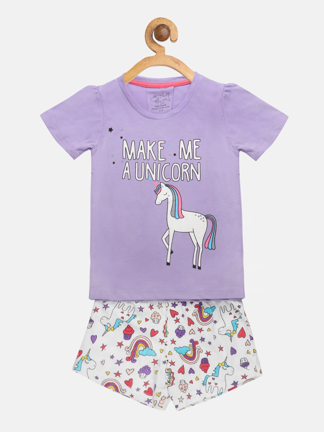 

Lazy Shark Girls Lavender & White Printed T-shirt with Shorts