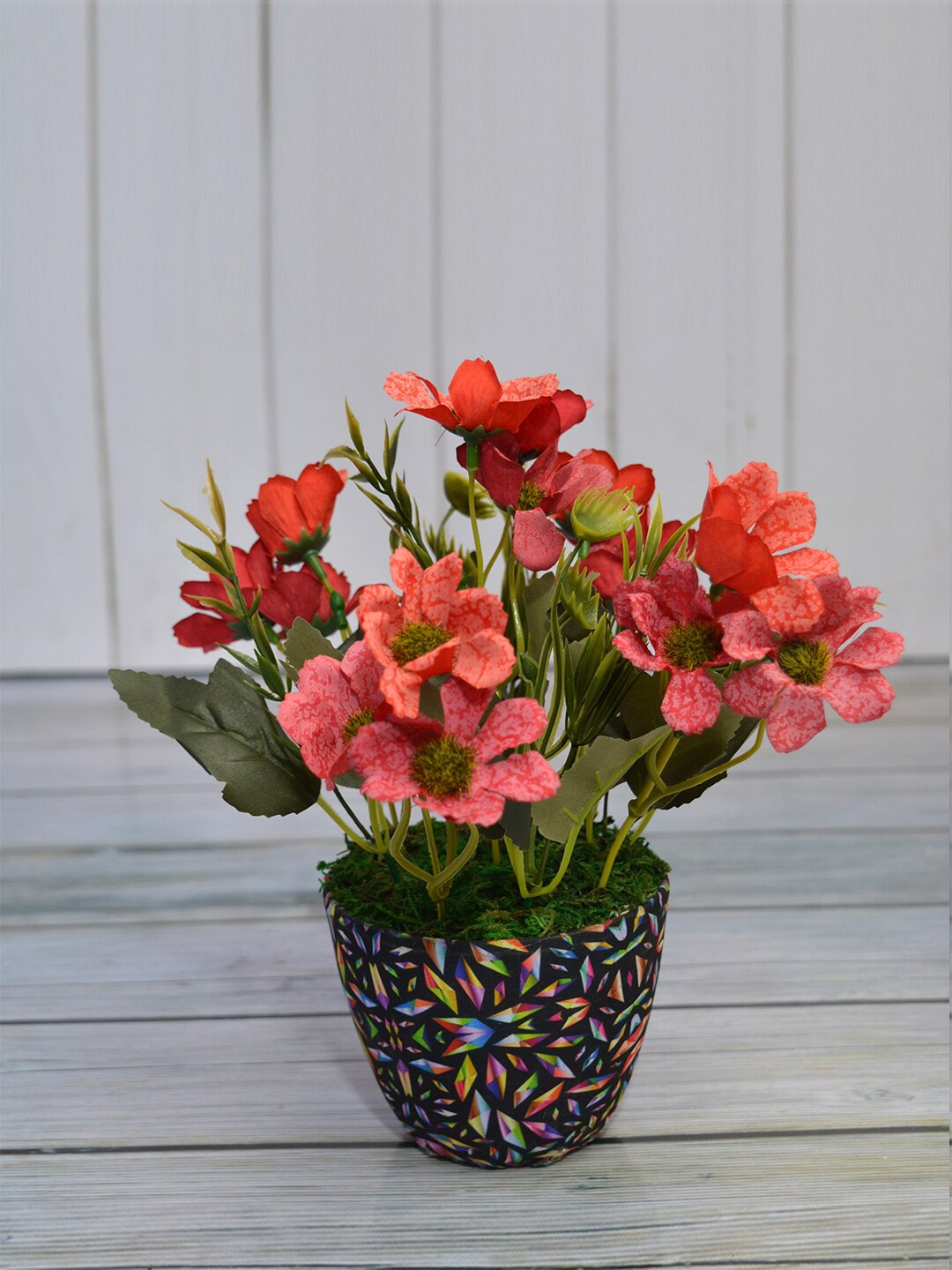 

fancy mart Red & Green Artificial Flower Chrysenthum in Black Diamond Pot