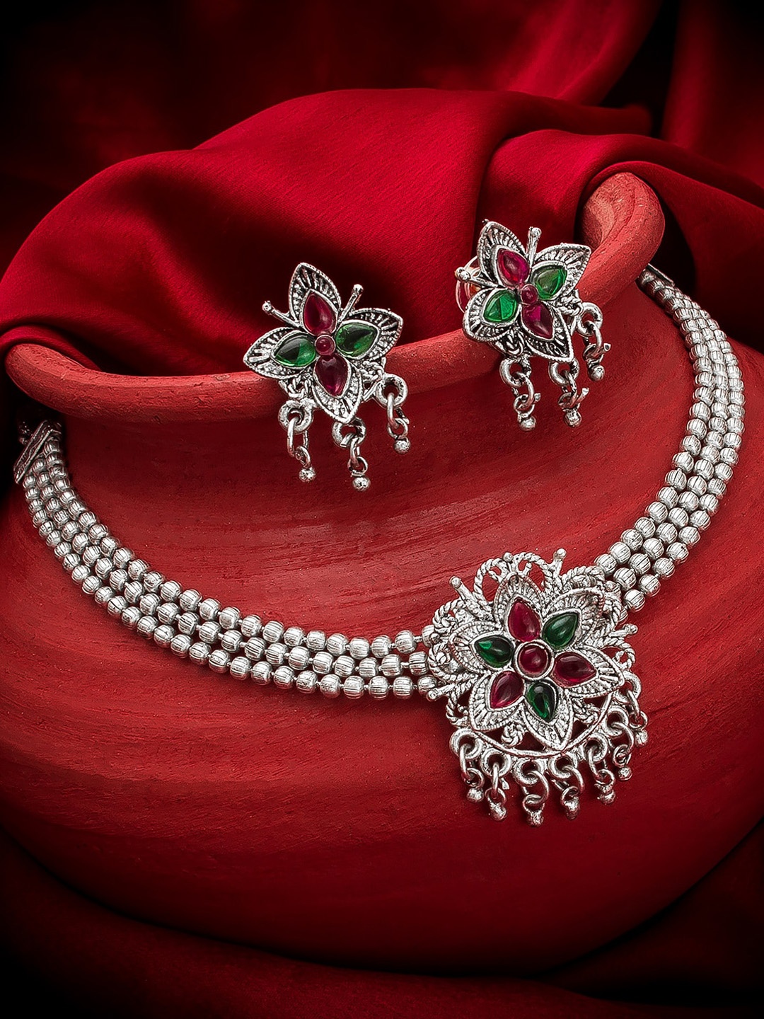 

aadita Oxidised Silver-Plated Green & Pink Stone-Studded Jewellery Set