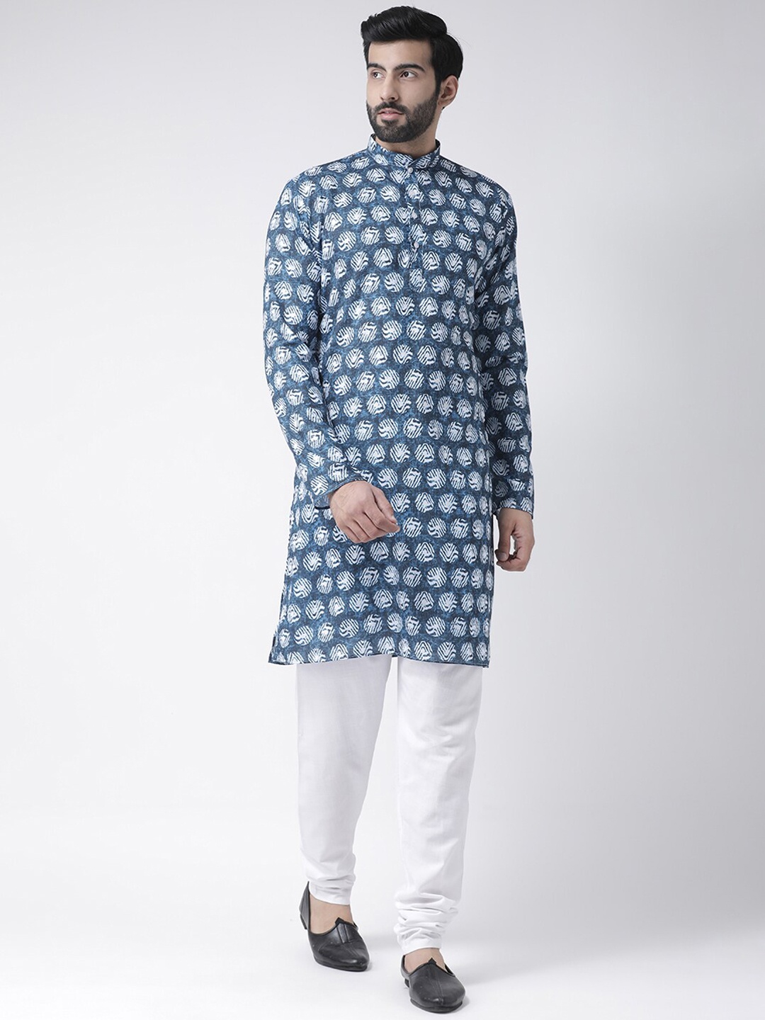 

Hangup Men Navy Blue & White Geometric Printed Kurta