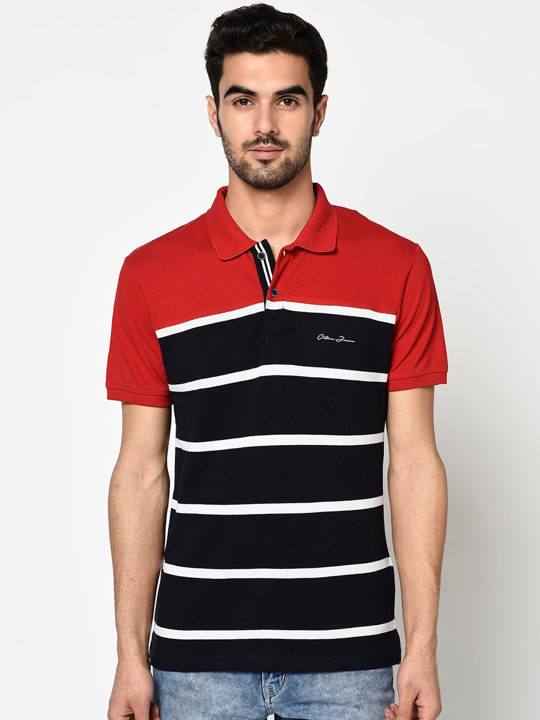 

Octave Men Red Striped Polo Collar T-shirt