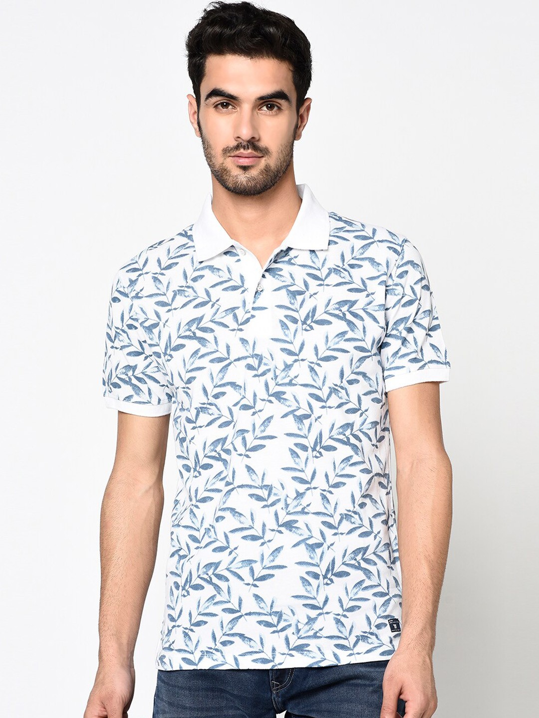 

Octave Men Blue & White Printed Polo Collar T-shirt