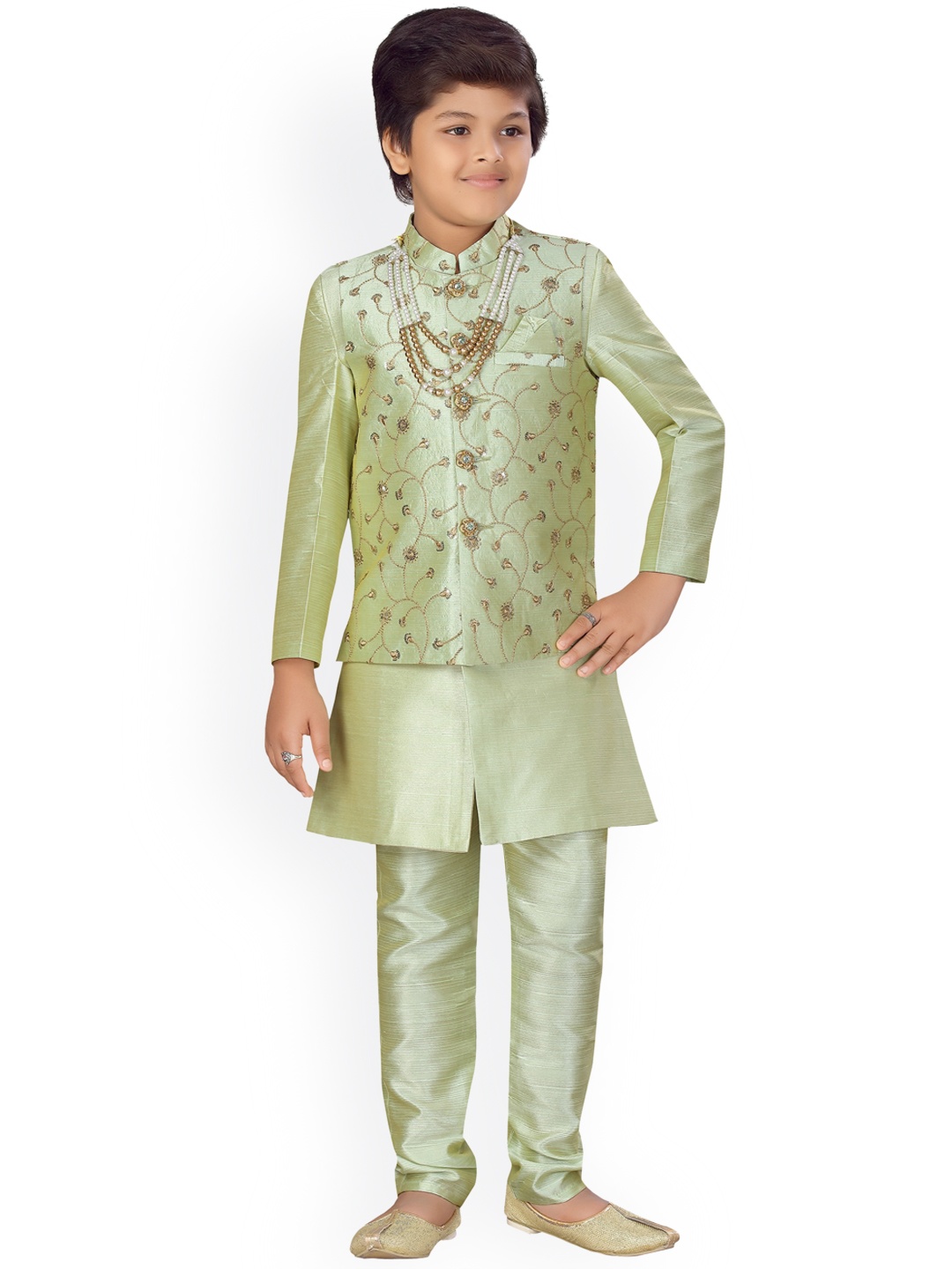 

ahhaaaa Boys Green Self Design Kurta with Pyjamas