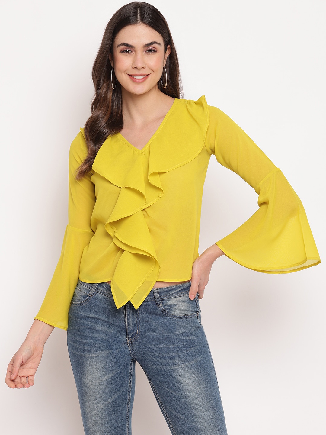 

Mayra Women Yellow Bell Sleeves Georgette Fitted Top