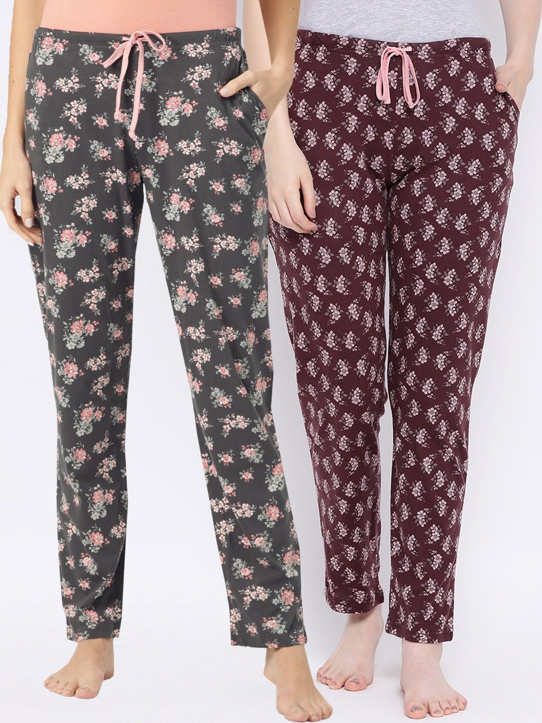 

Kanvin Women Pack of 2 Floral Printed Cotton Lounge Pants, Grey