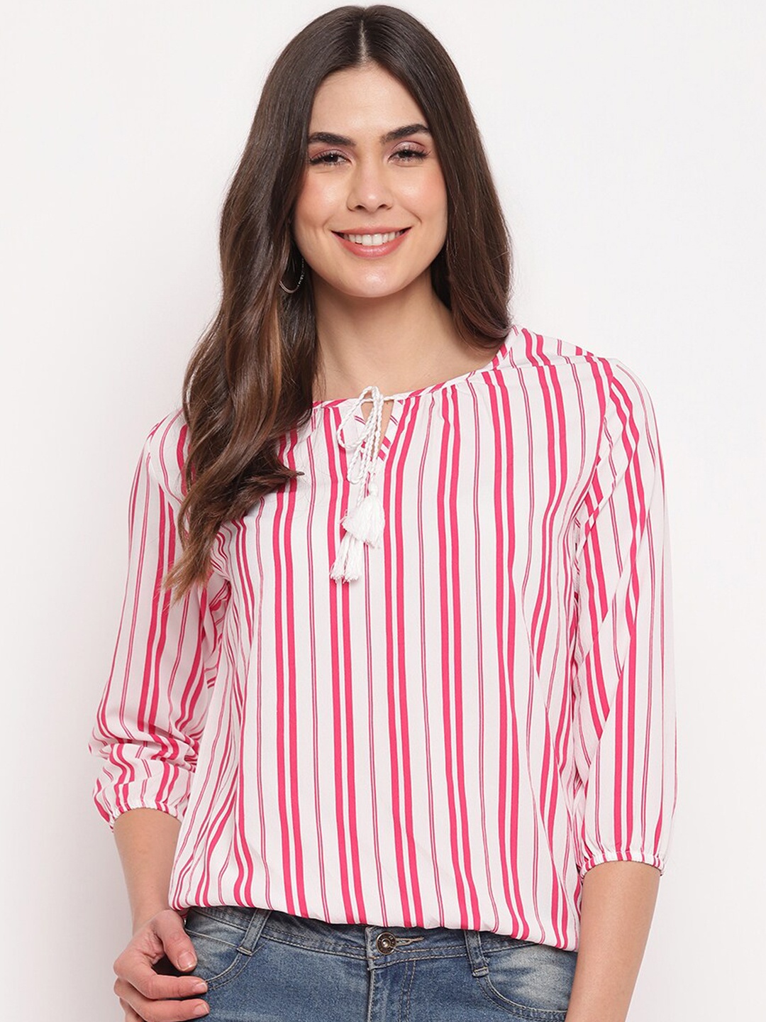 

Mayra white & red striped tie-up neck bishop sleeves crepe regular top