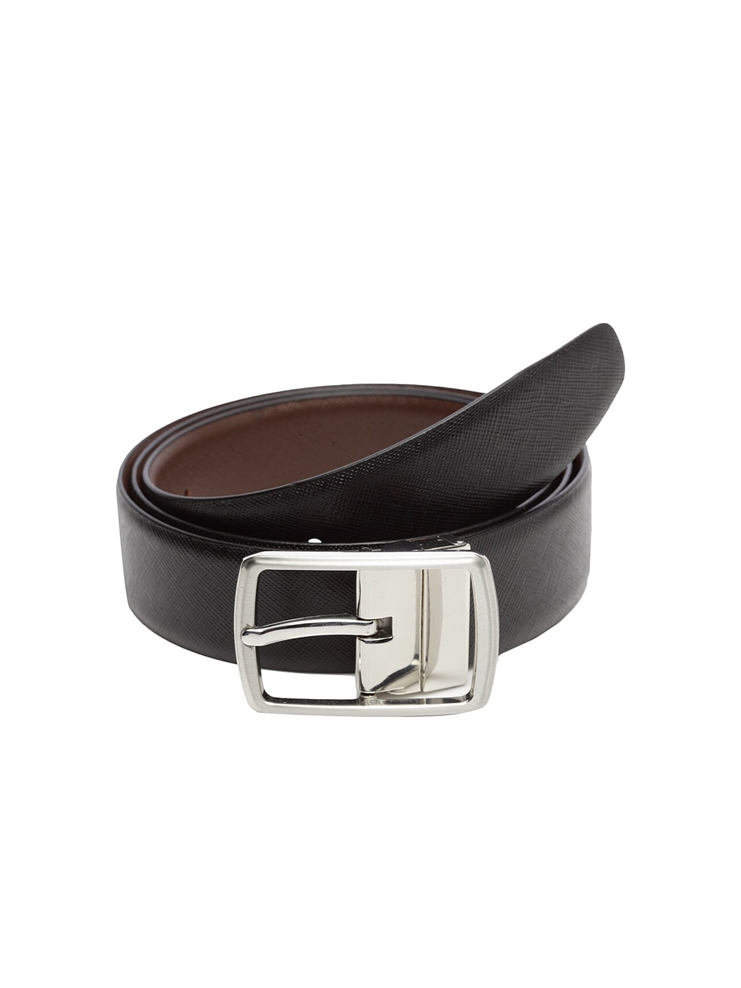 

WELBAWT Men Black & Brown Textured Leather Slim Reversible Belt