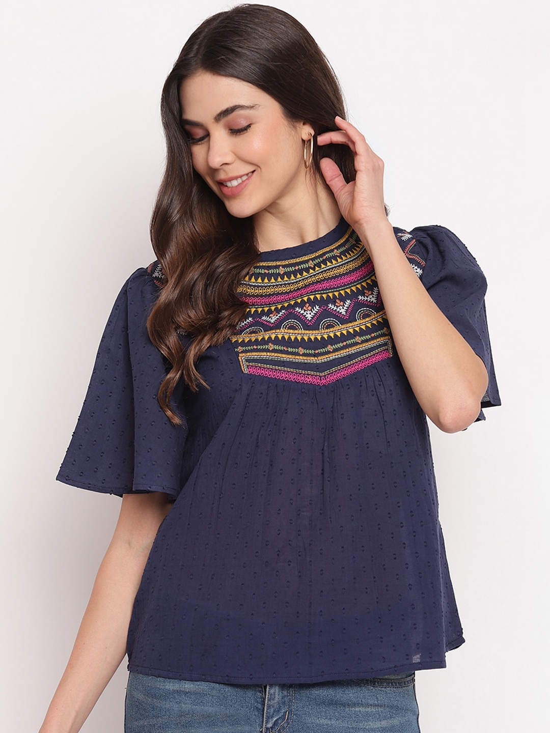

Mayra Women Blue Geometric Striped Flutter Sleeves Pure Cotton Regular Top