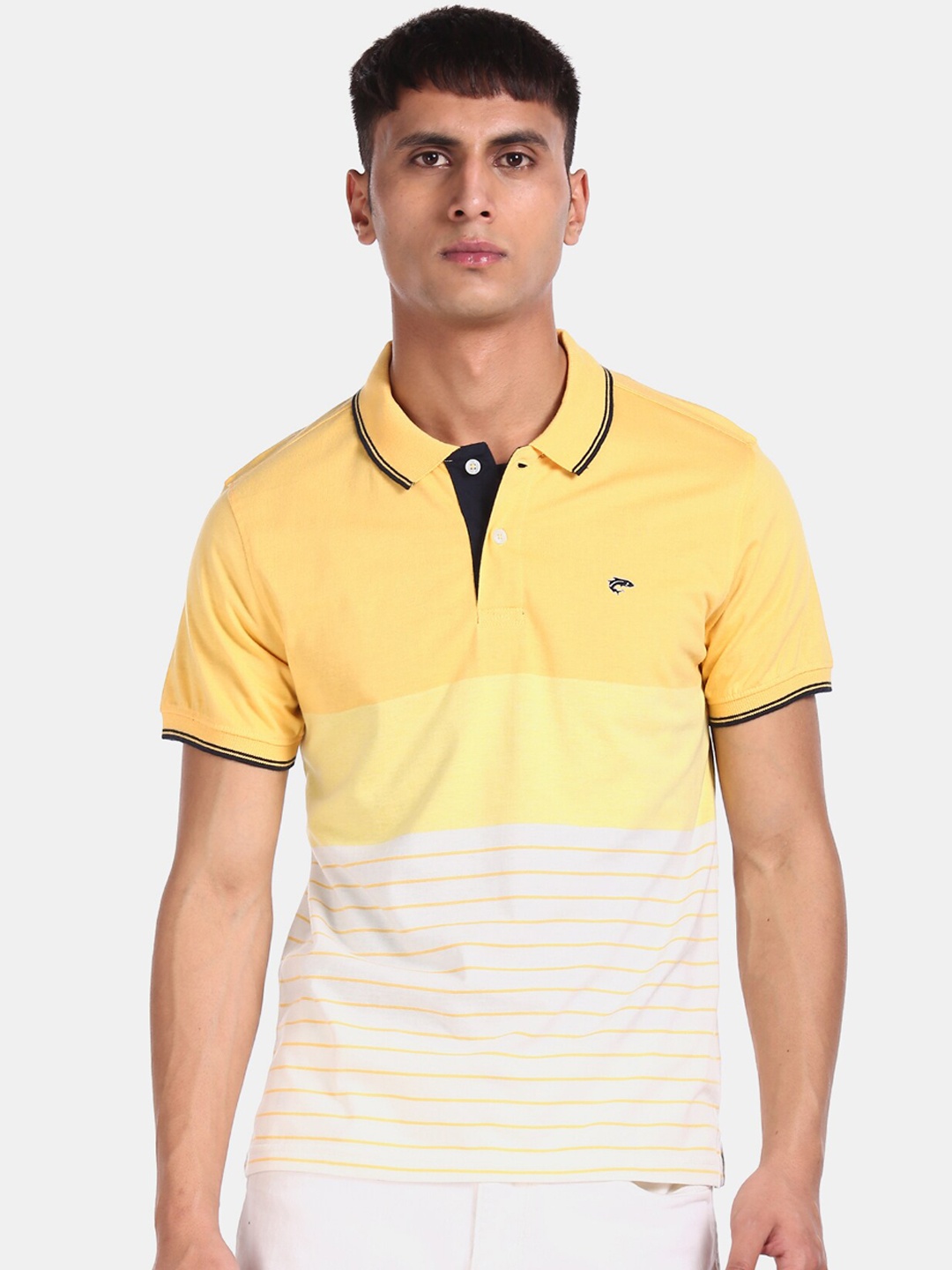

Ruggers Men Yellow & White Striped Polo Collar T-shirt