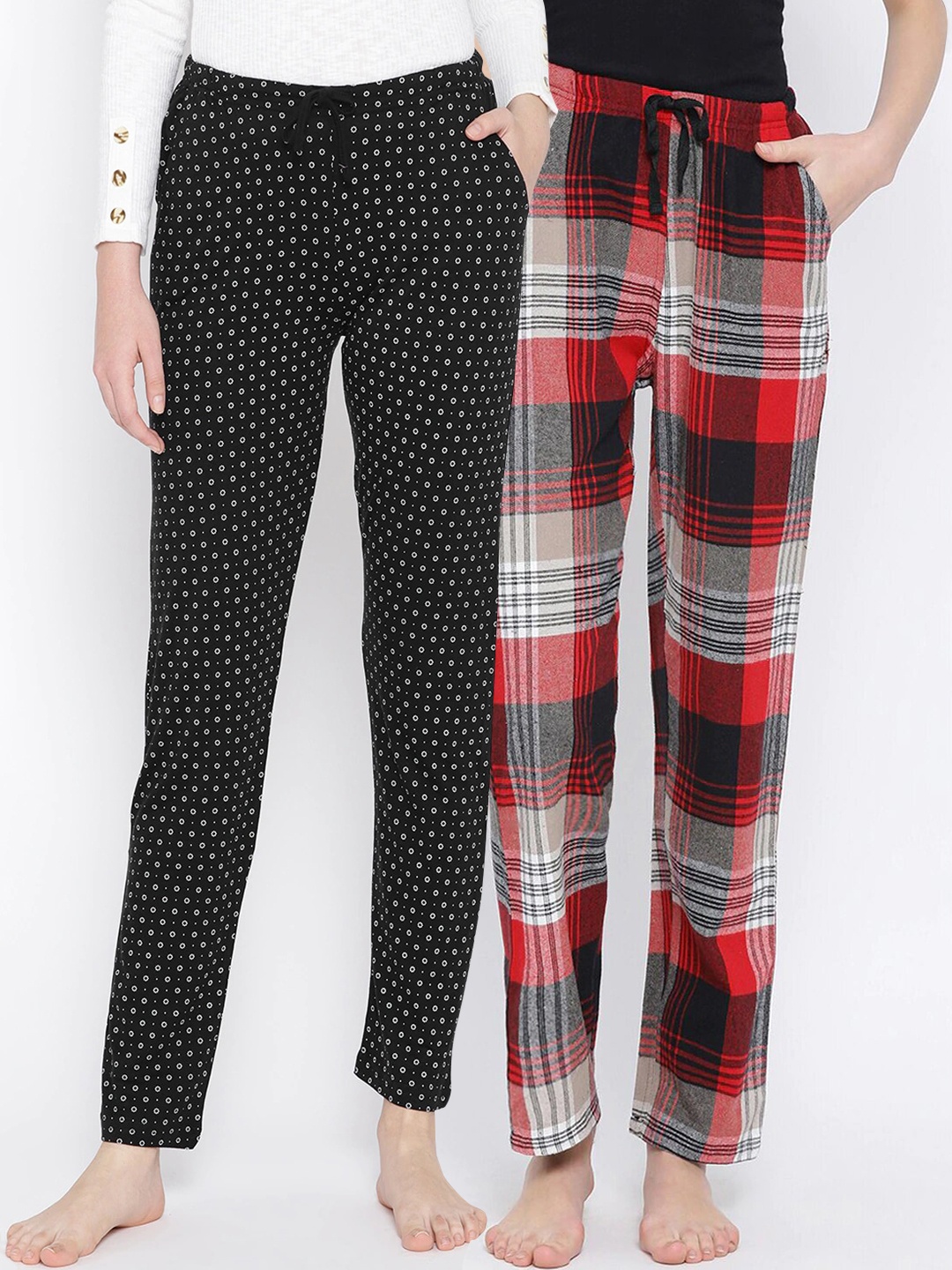 Kanvin Women Pack of 2 Printed Cotton Lounge Pants MJKSS197N+PJ1136, Black