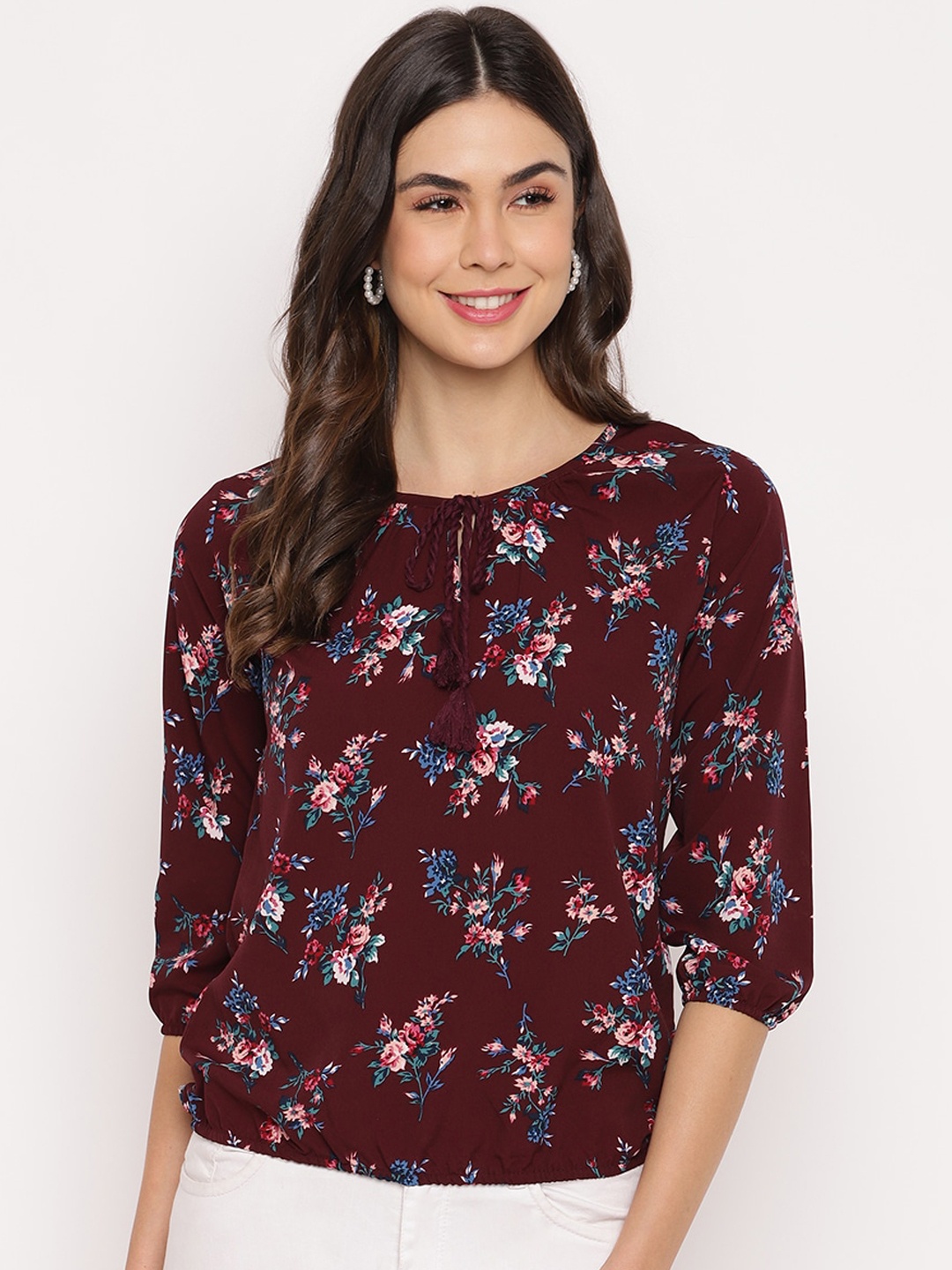

Mayra Women Maroon & Pink Floral Printed Tie-Up Neck Crepe Blouson Top