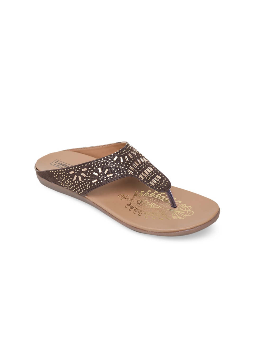 

LONDON STEPS Women Brown Embellished T-Strap Flats
