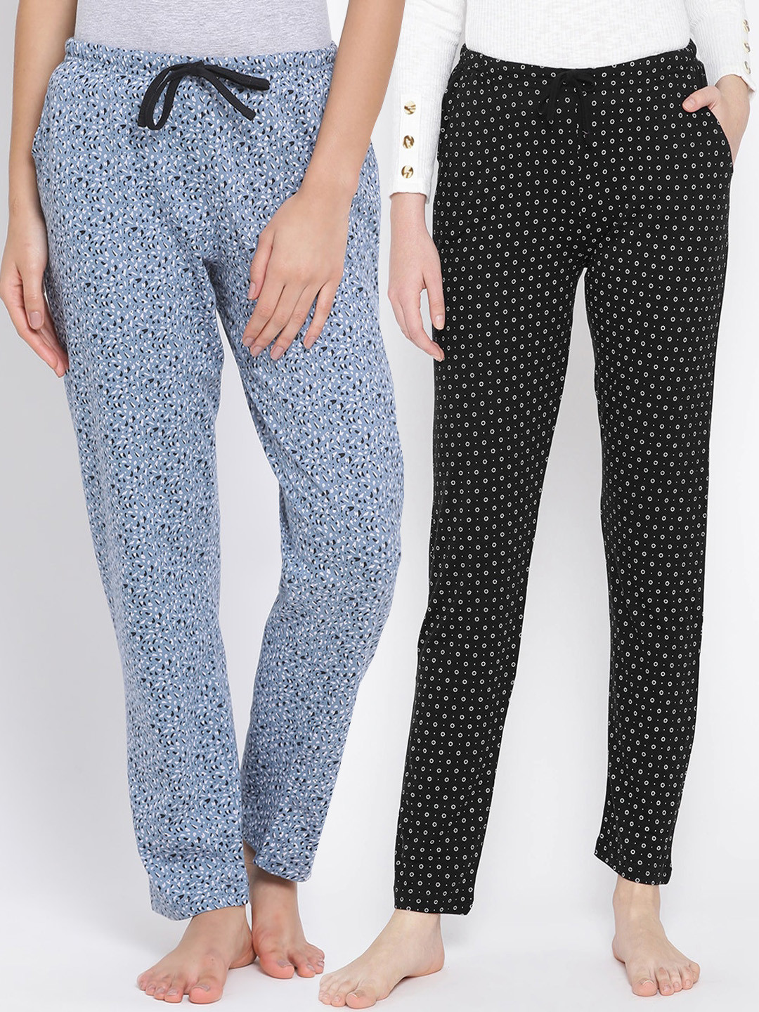 

Kanvin Women Pack of 2 Black & Blue Printed Lounge Pants