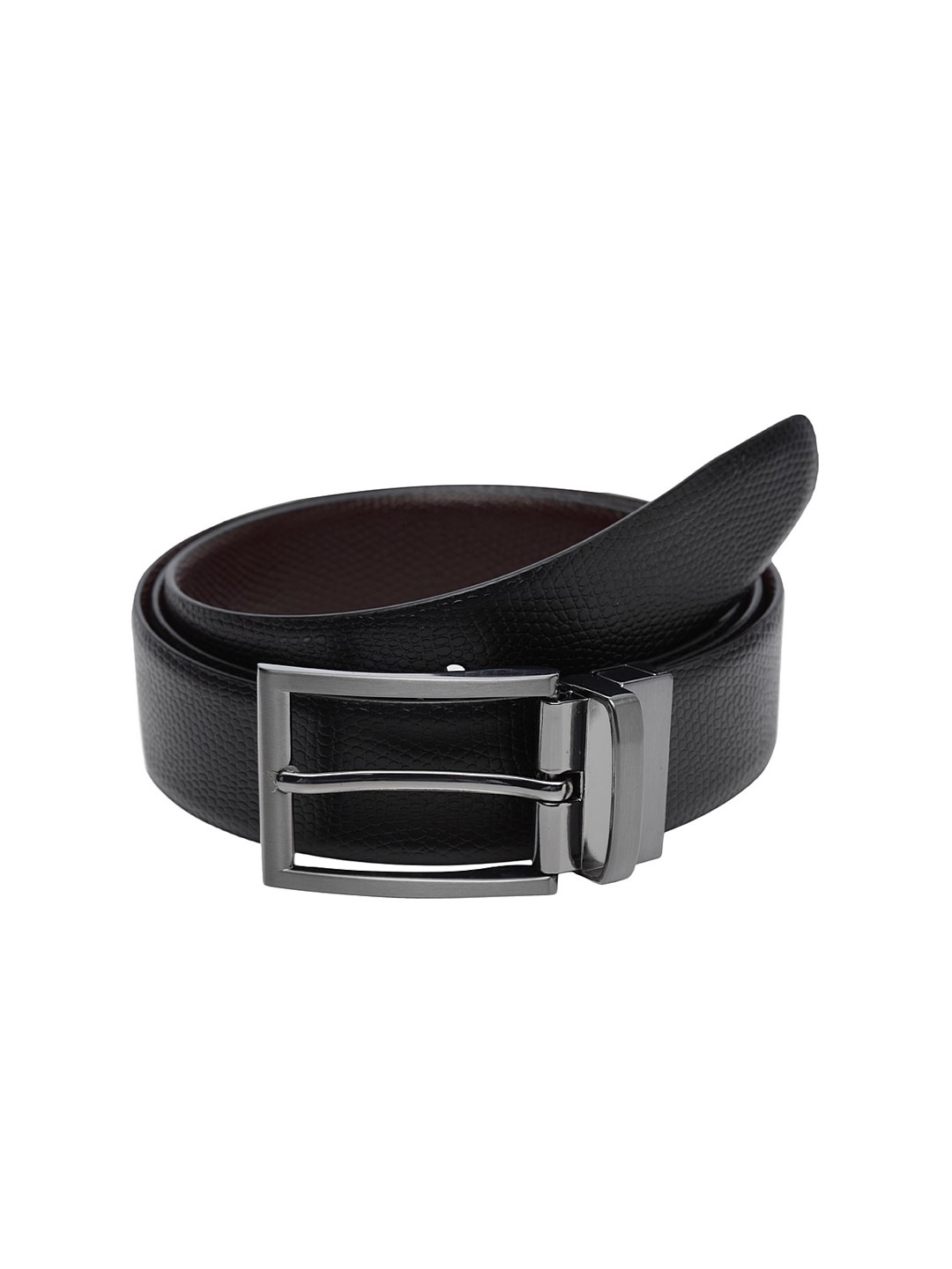 

WELBAWT Men Black & Brown Textured Leather Slim Reversible Belt
