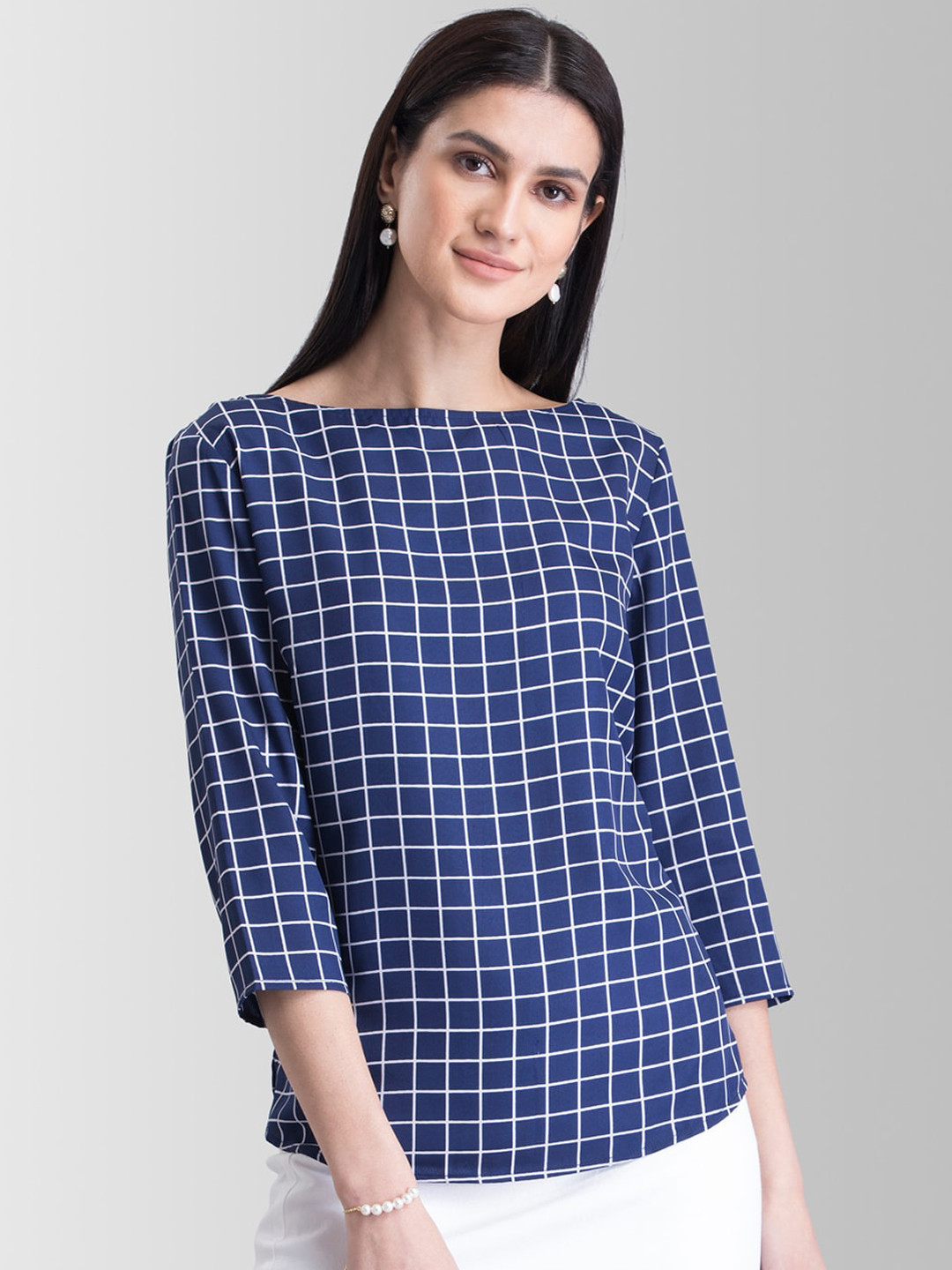 

Fablestreet Women Navy Blue Checked Regular Top