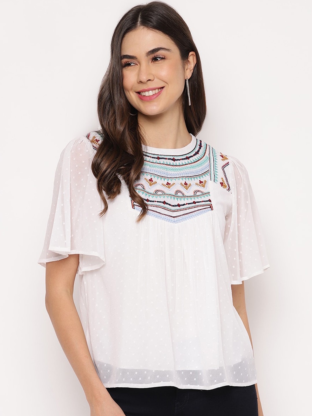 

Mayra White Geometric Embroidered Flared Sleeves Pure Cotton Regular Top