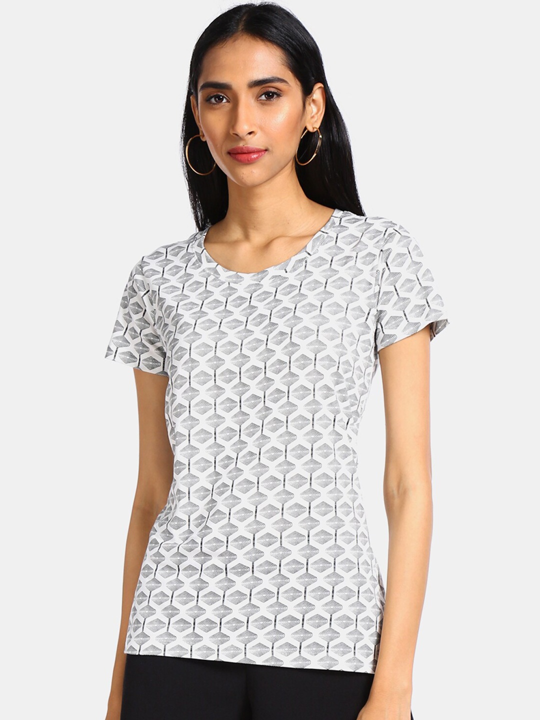 

Sugr Women White Grey Printed Round Neck Cotton Pure Cotton T-shirt