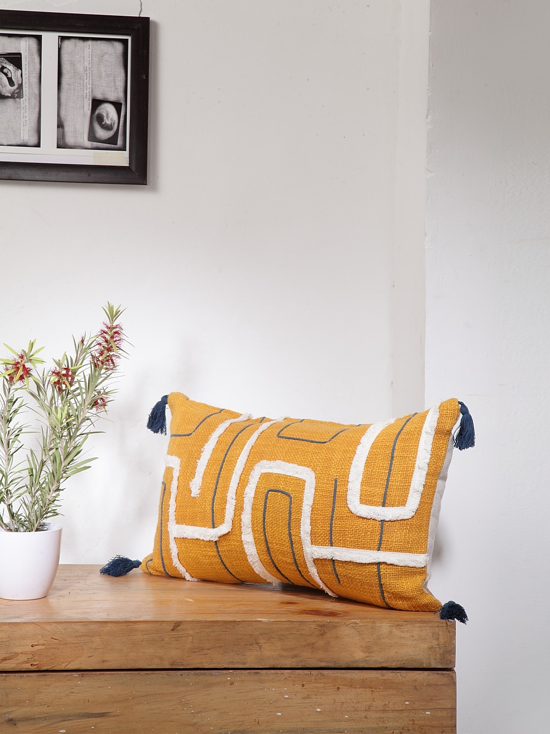 

BLANC9 Mustard & White Set of Single Self Design Rectangle Cushion Covers
