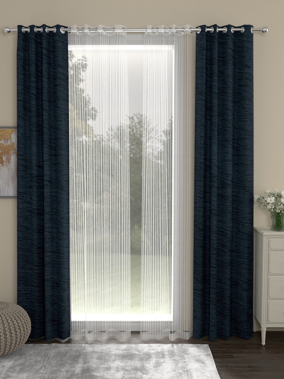 

ROSARA HOME Navy Blue & Off-White Set of 4 Regular and Sheer Long Door Curtains