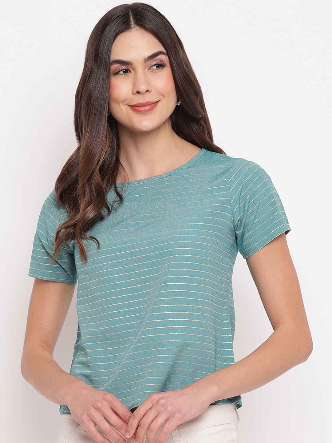 

Mayra Women Green & Gold-Toned Striped Regular Top