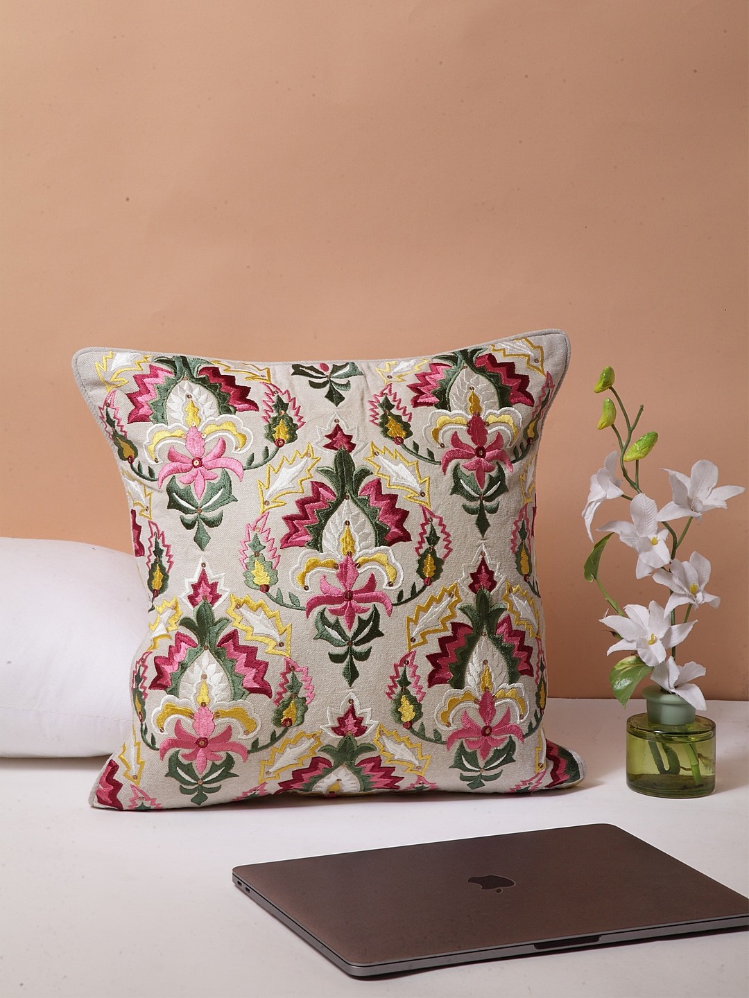 

BLANC9 Beige & Pink Set of Single Embroidered Square Cushion Covers