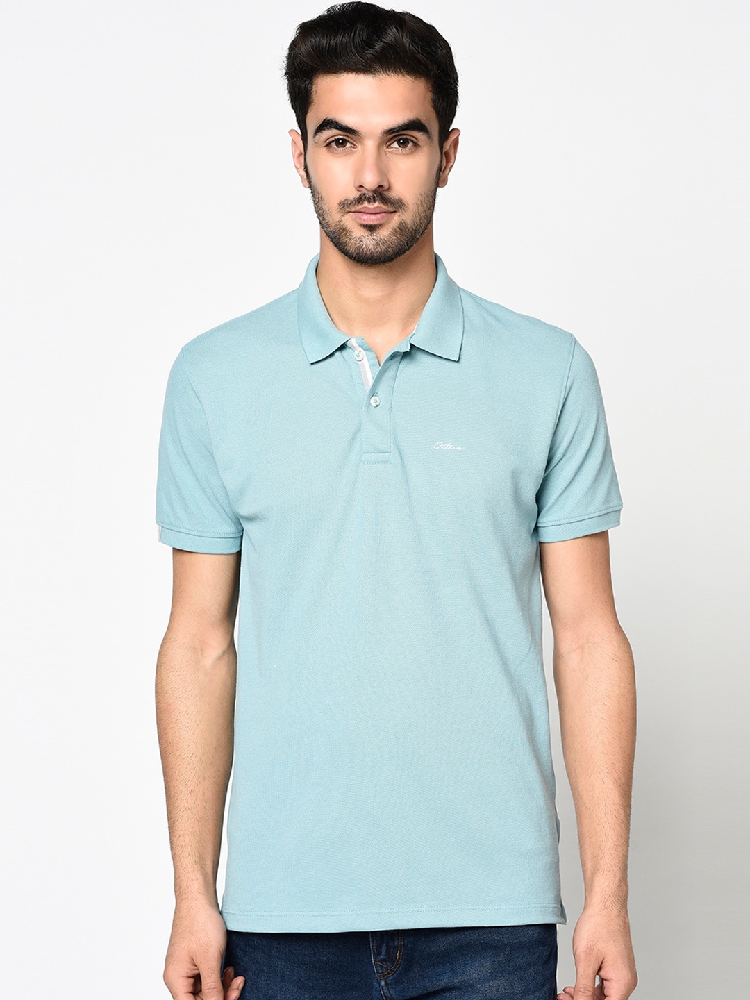 

Octave Men Teal Blue Solid Polo Collar T-shirt