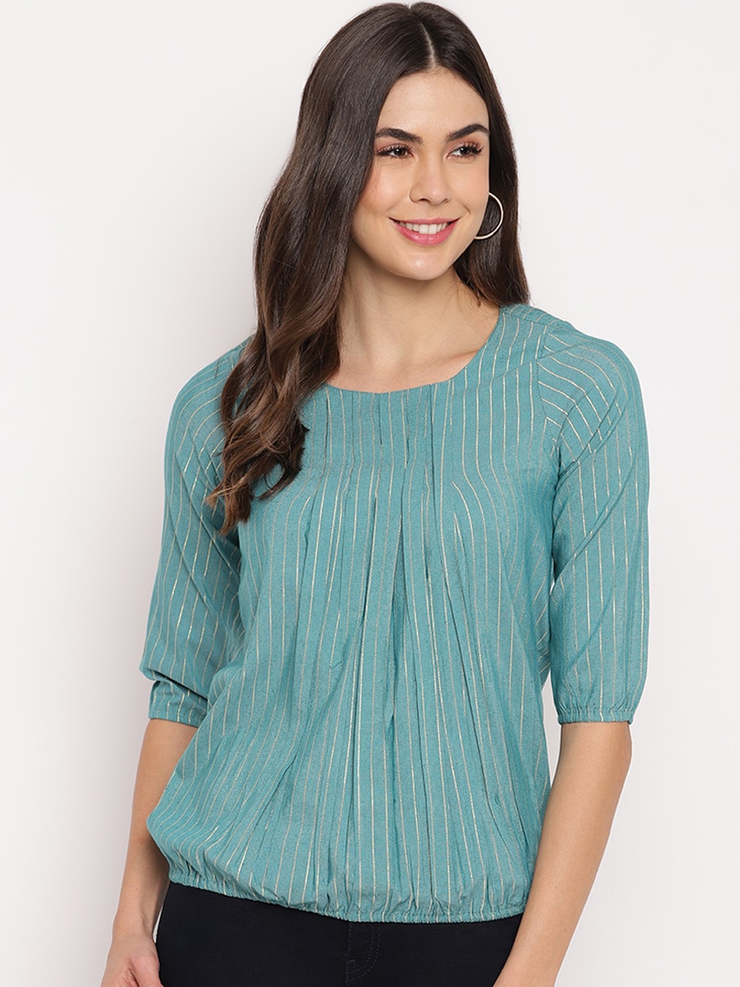 

Mayra Women Green Striped Blouson Top