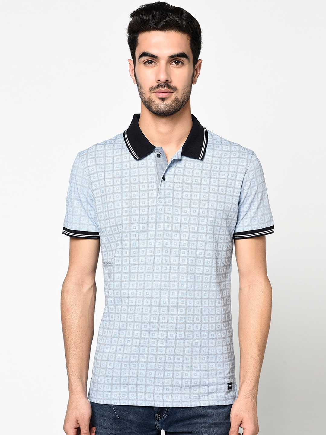 

Octave Men Blue Self Design Polo Collar T-shirt