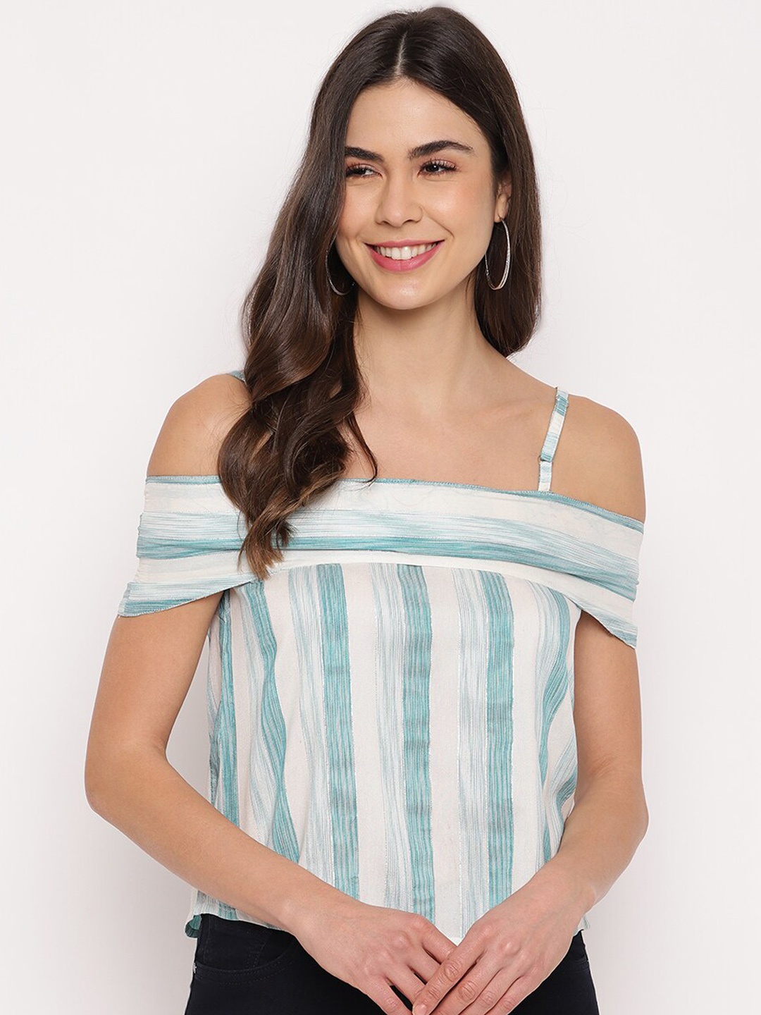 

Mayra Women Blue & White Striped Layered Bardot Top