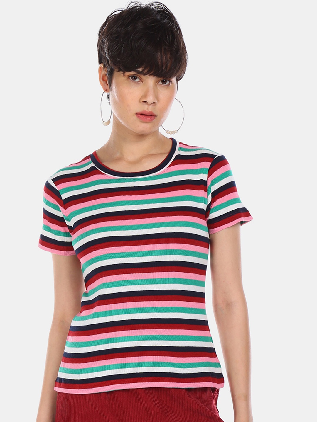 

Sugr Women Multicoloured Striped Round Neck T-shirt, Multi
