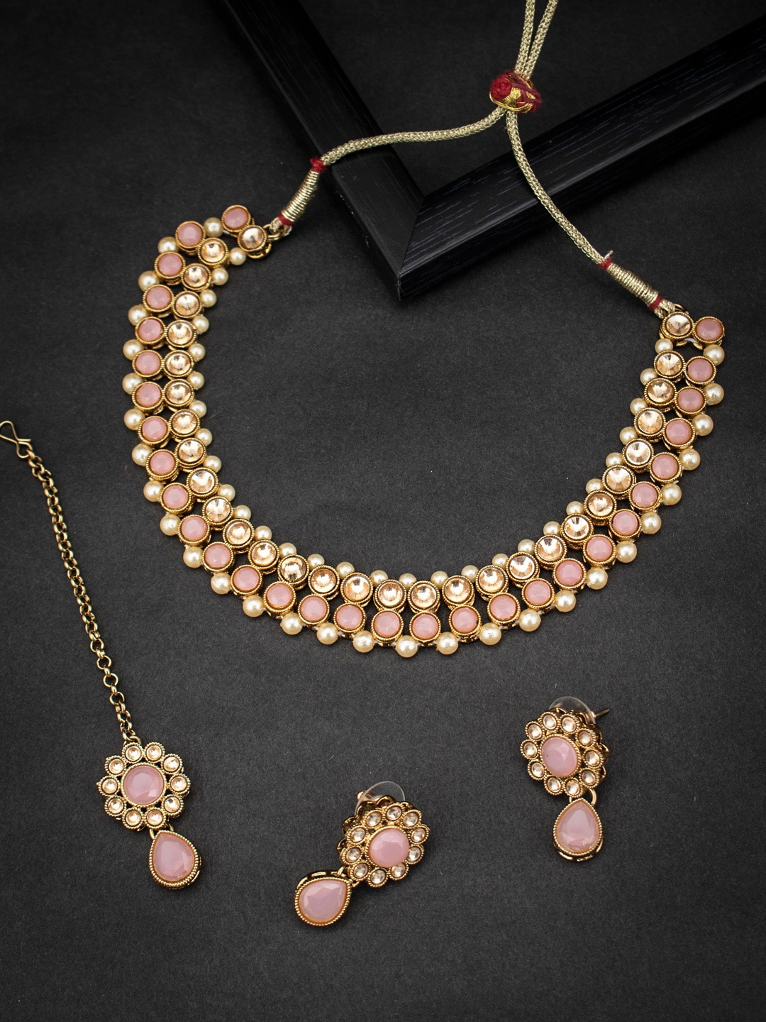 Sukkhi LCT Gold-Plated Pink & Beige Pearl Embellished & Stone-Studded Sustainable Jewellery Set