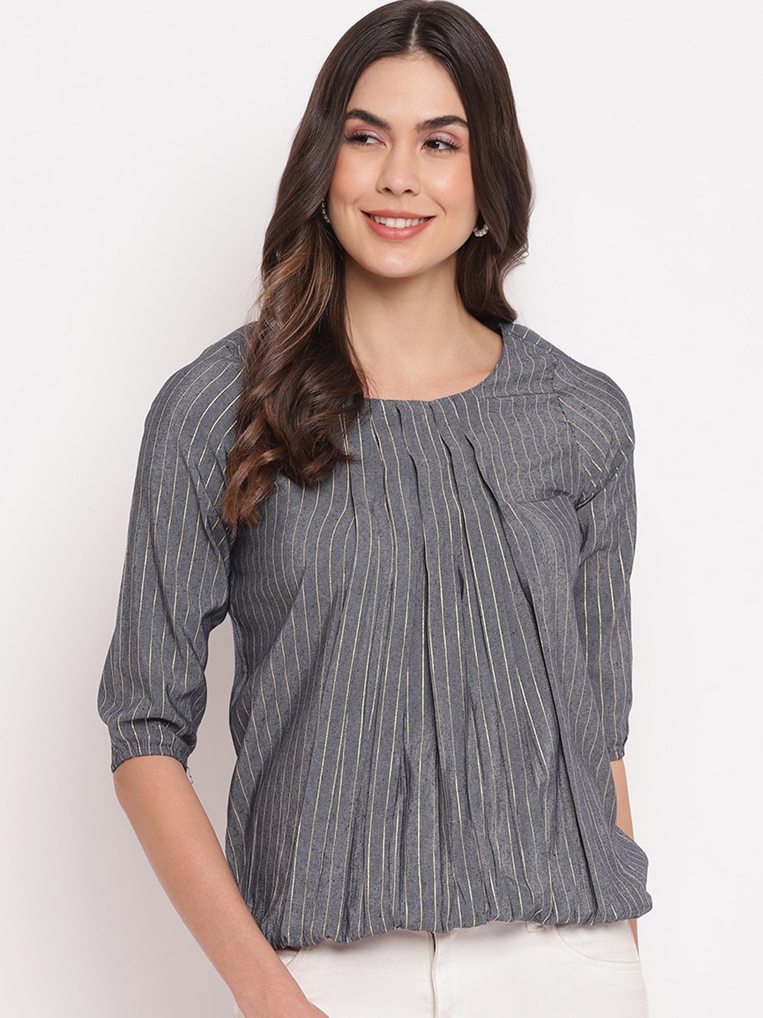 

Mayra Women Grey Striped Regular Top