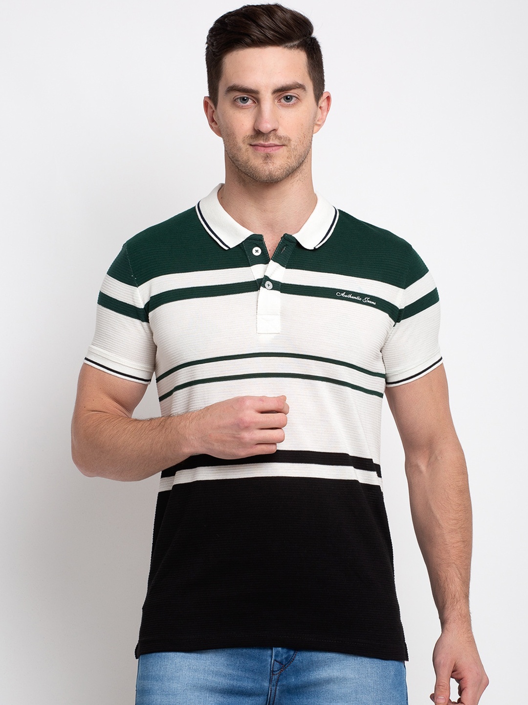 

Rodamo Men Green & White Striped Polo Collar T-shirt