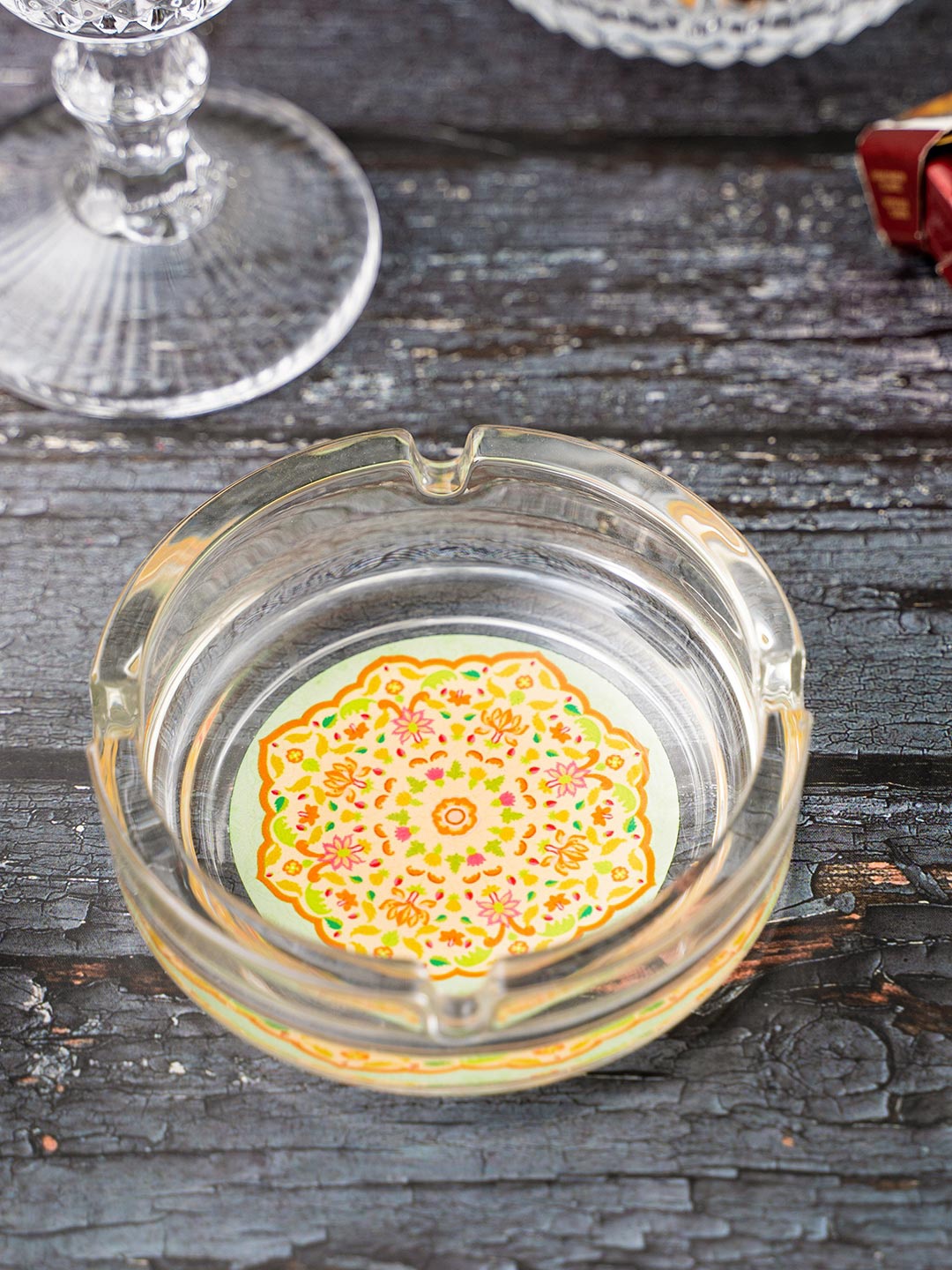 KOLOROBIA Transparent & Orange Mughal Print Ornate Glass Ashtray