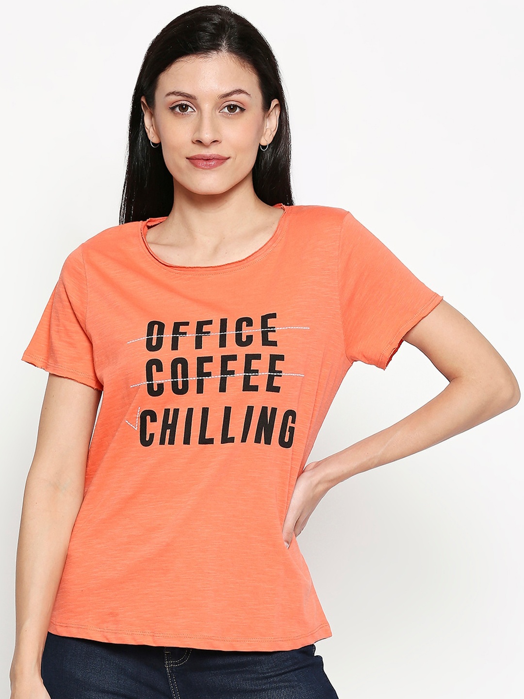 

People Women Orange Printed Round Neck T-shirt