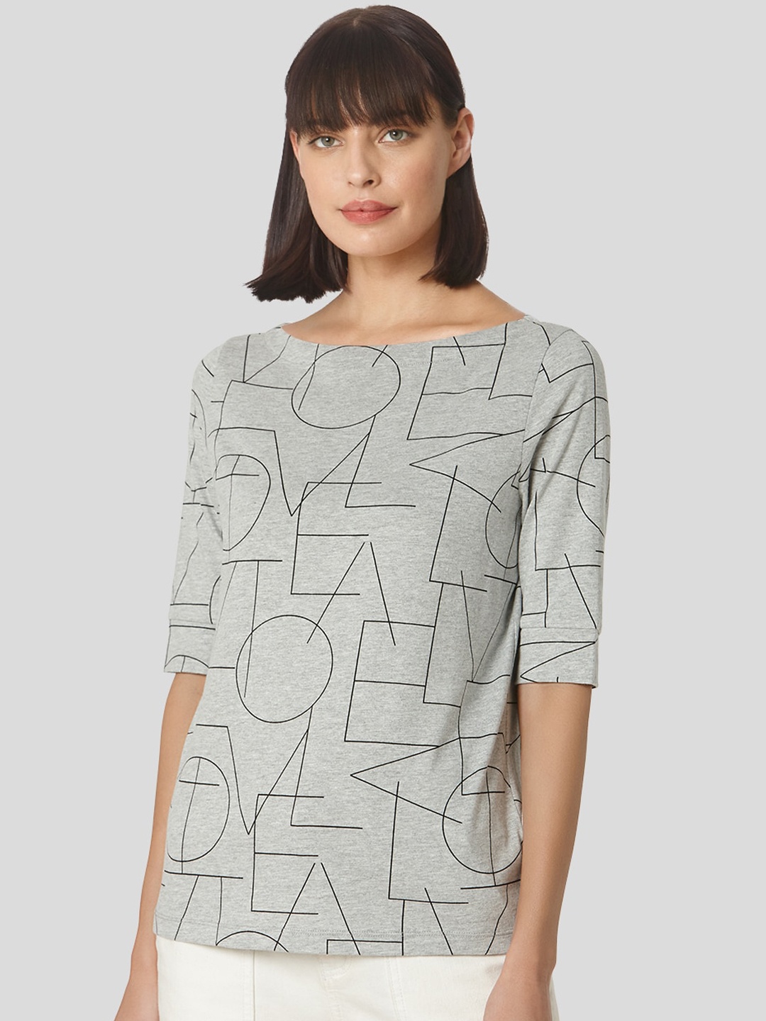 

Vero Moda Women Grey Melange Printed Boat Neck T-shirt