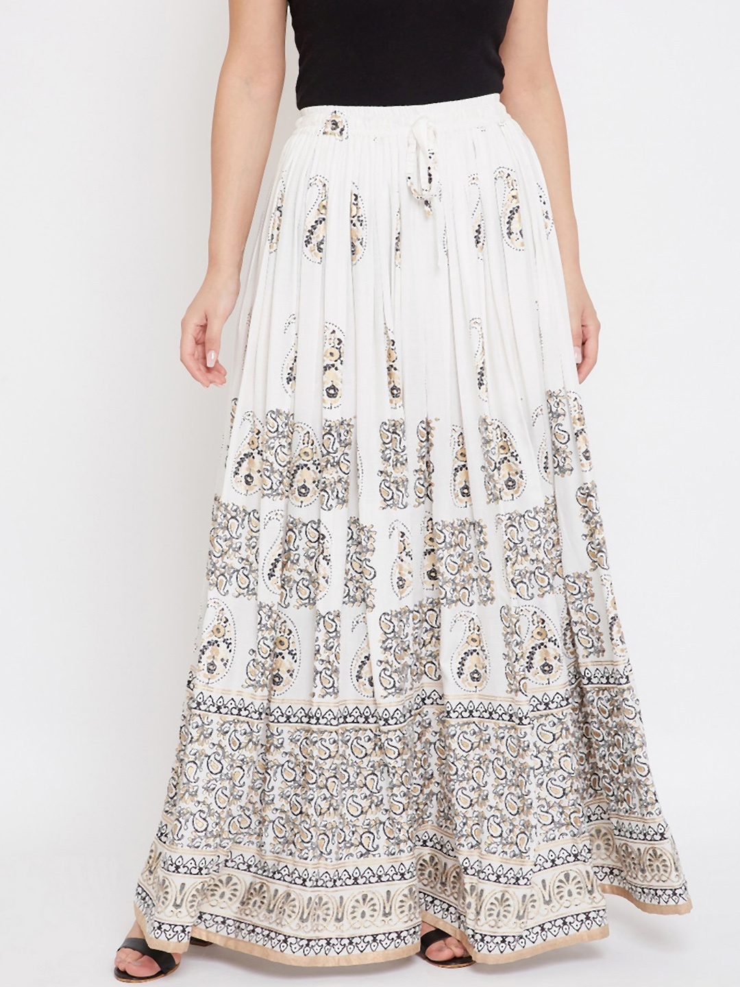 TULIP 21 Women Off-White & Black Printed Flared Maxi Skirt