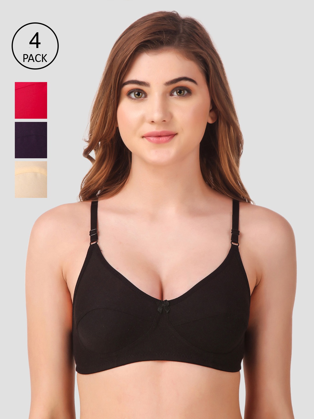 

Fasense Pack Of 4 Solid Non-Wired Non Padded Everyday Bras BVCOM010F32B, Red