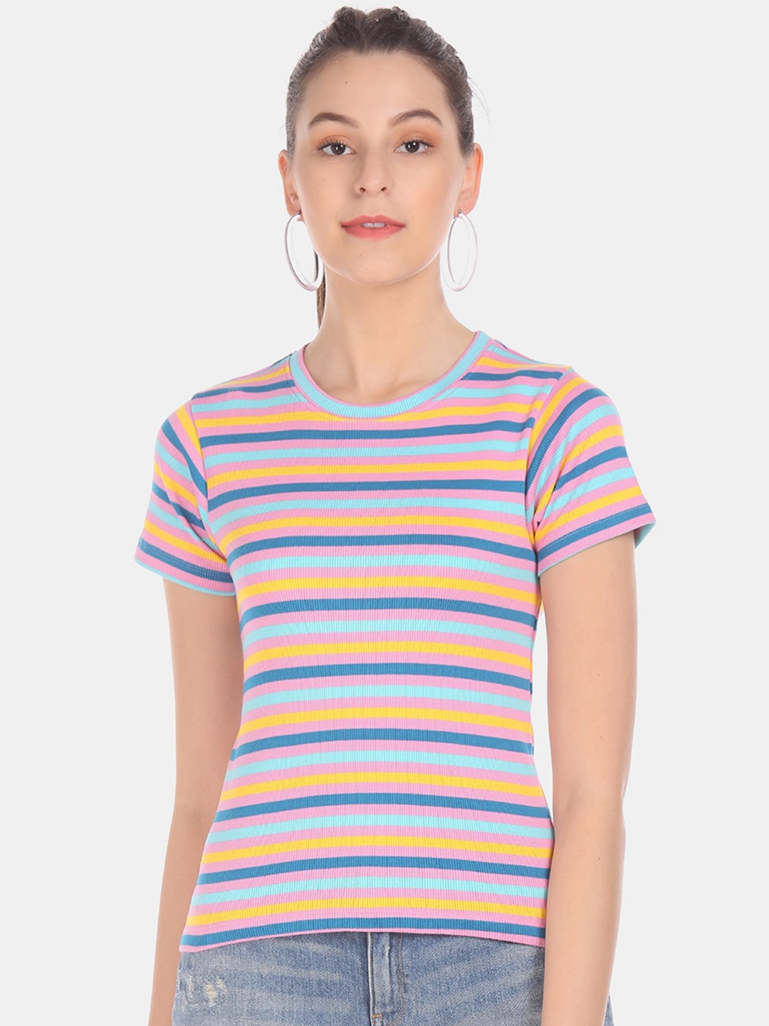 

Sugr Women Pink & Blue Striped Round Neck T-shirt