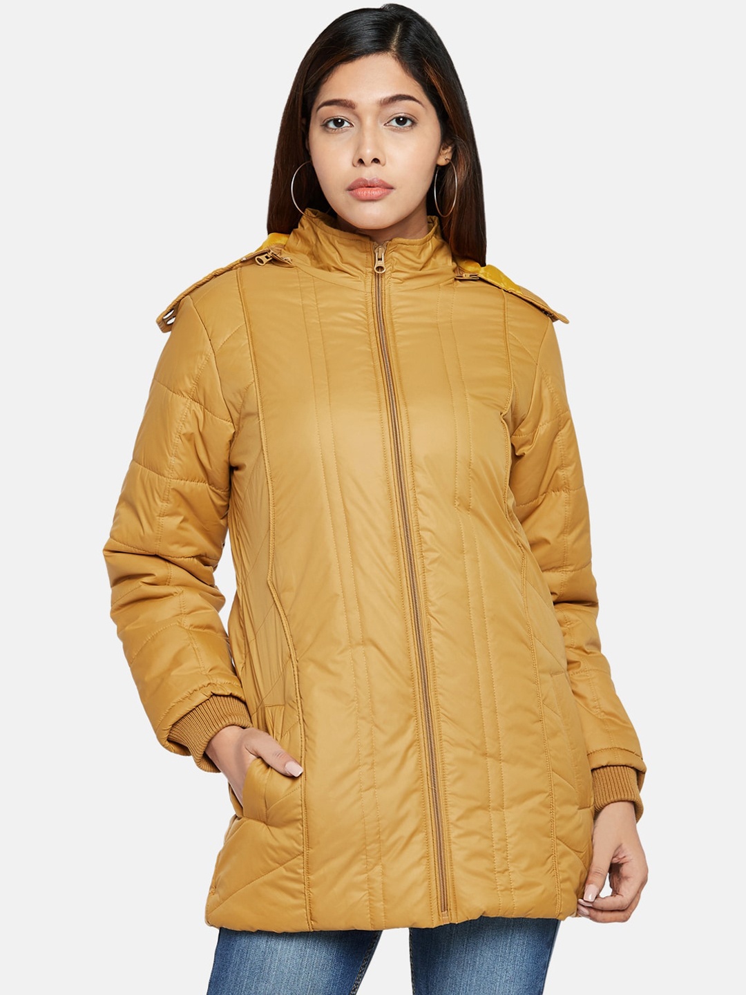 

People Women Mustard Yellow Solid Longline Padded Jacket