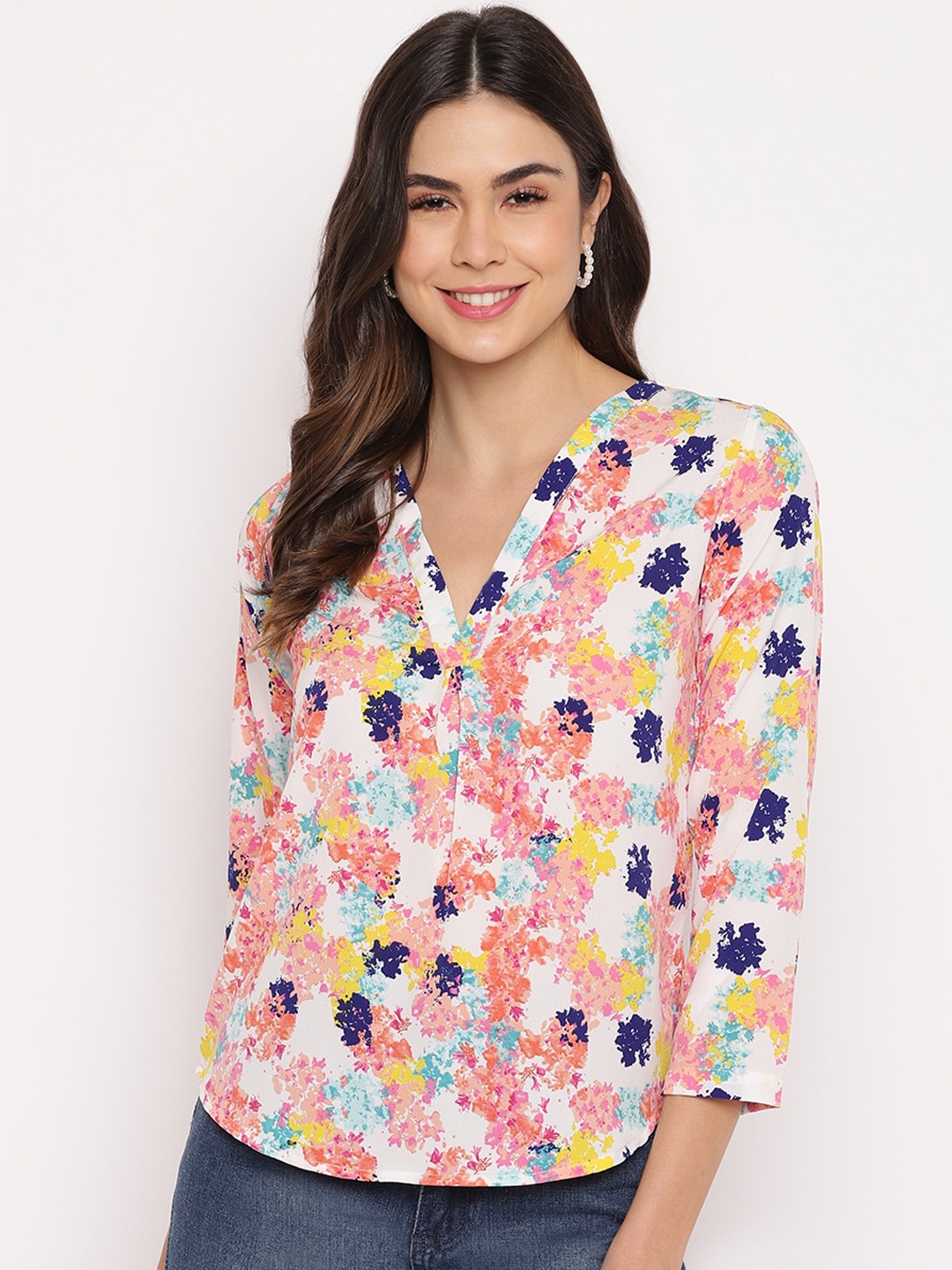 

Mayra Women White & Pink Printed Crepe Shirt Style Top