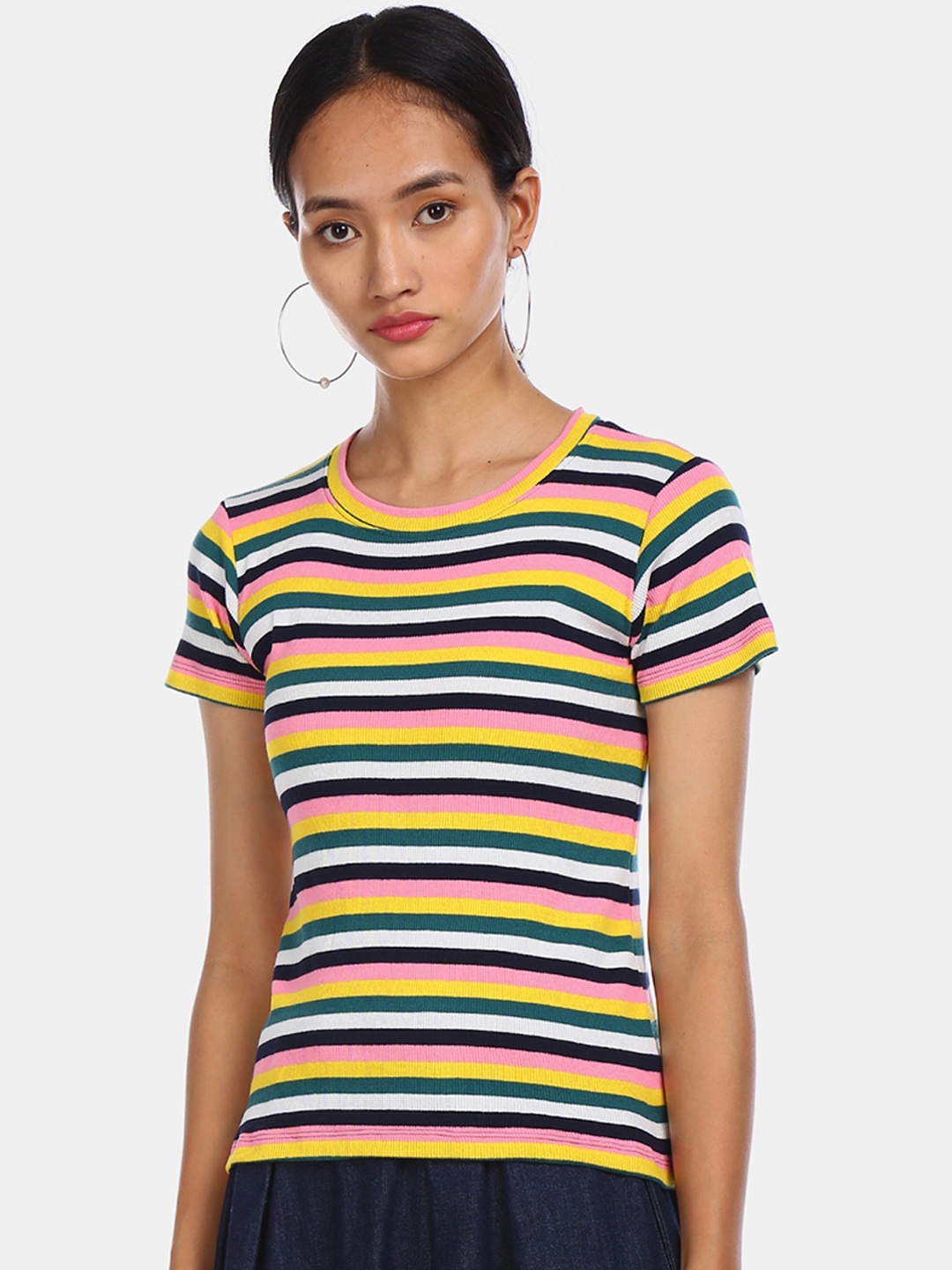 

Sugr Women Multicoloured Striped Round Neck T-shirt, Multi