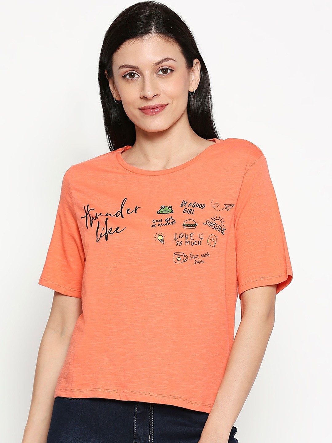 

People Women Orange Printed Round Neck T-shirt