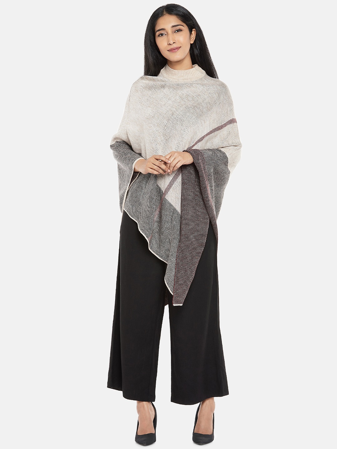 

Annabelle by Pantaloons Women Beige & Black Colourblocked Poncho Sweater
