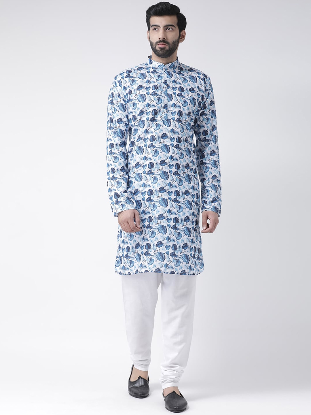 

Hangup Men White & Blue Floral Printed Mandarin Collar Kurta