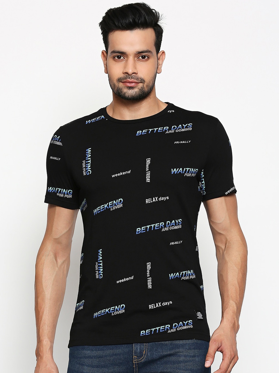 

People Men Black Printed Round Neck T-shirt