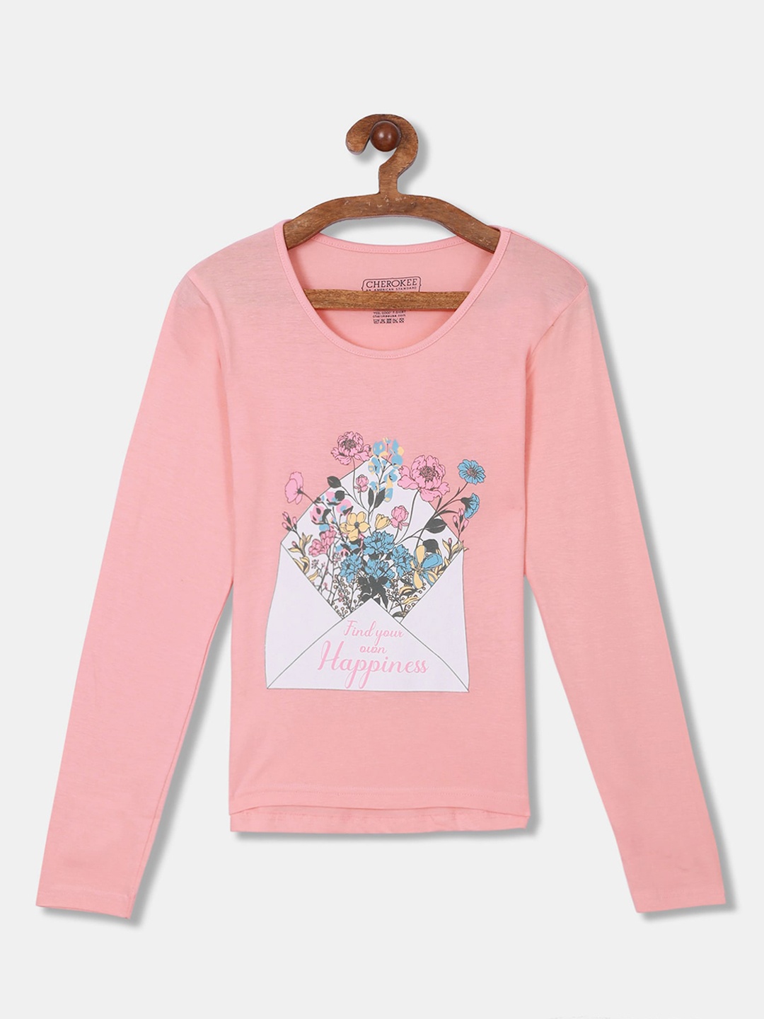 

Cherokee Girls Peach-Coloured Printed Round Neck T-shirt