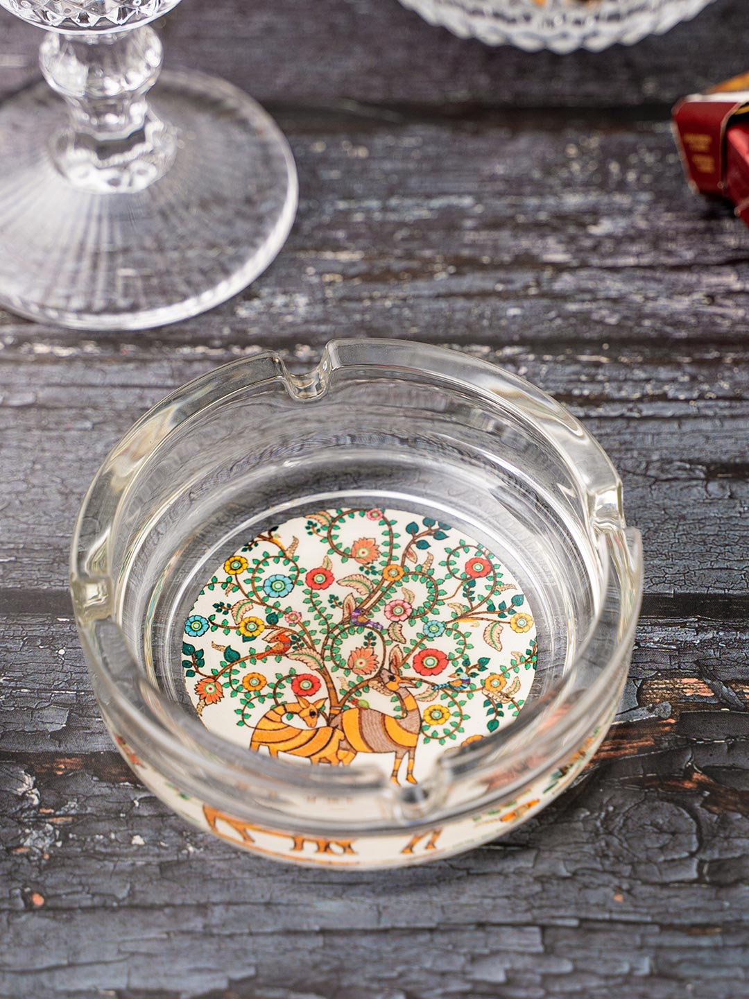 

KOLOROBIA Transparent & Red Madhubani Printed Ash Tray